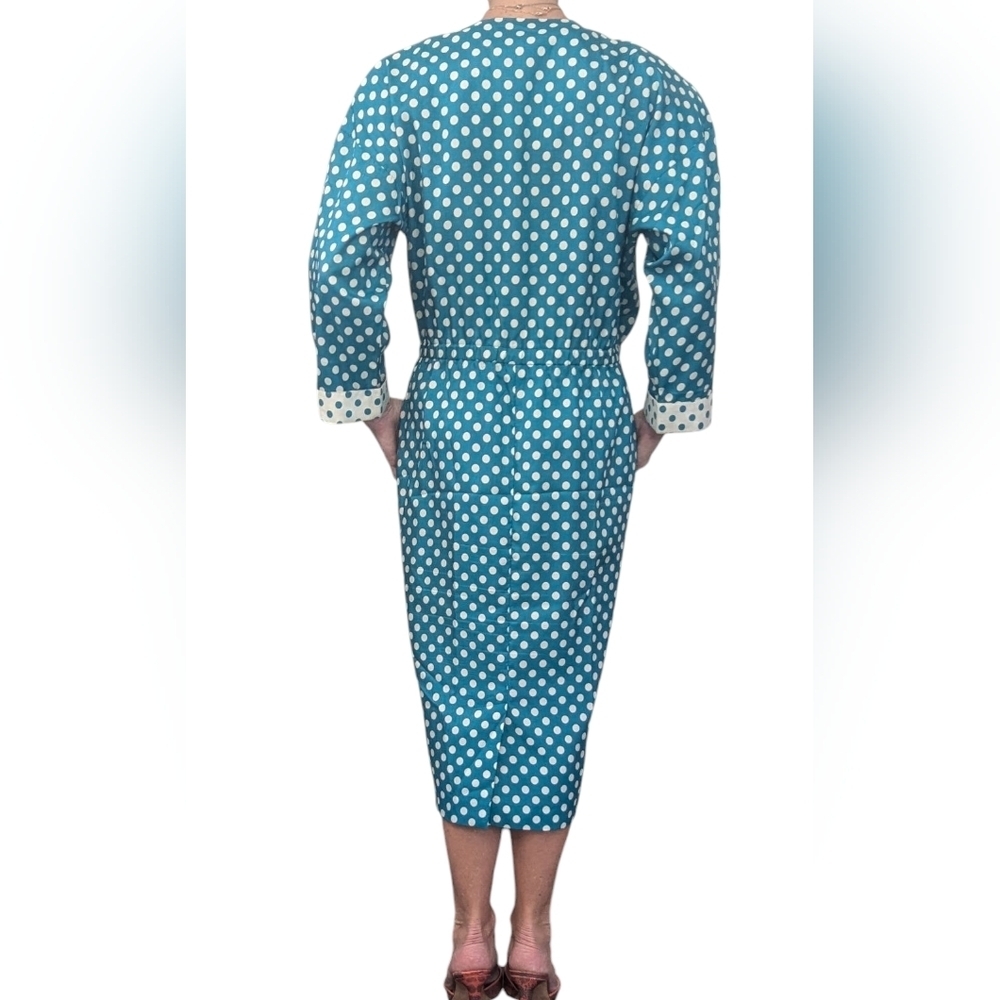 Vintage 80s Leslie Fay Teal White Polka Dot Midi Dress Drawstring 12 - Picture 4 of 12